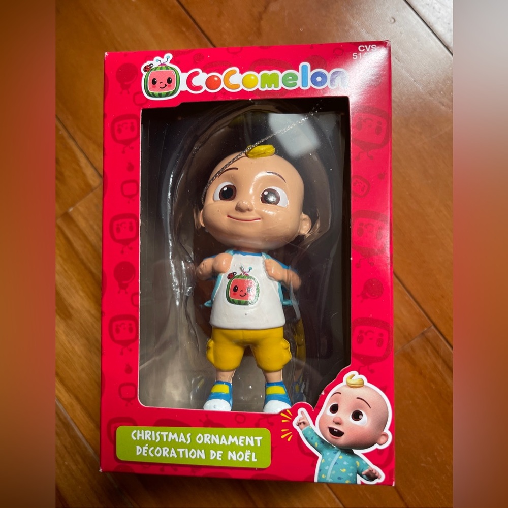 Cocomelon JJ W/Backpack & White Shirt Christmas Ornament New in box.